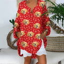 Personalized Upload Pet Photo V-Neck Long Sleeve Loose Blouse TL20092301