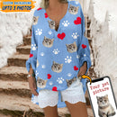 Personalized Upload Pet Photo V-Neck Long Sleeve Loose Blouse HM20092302