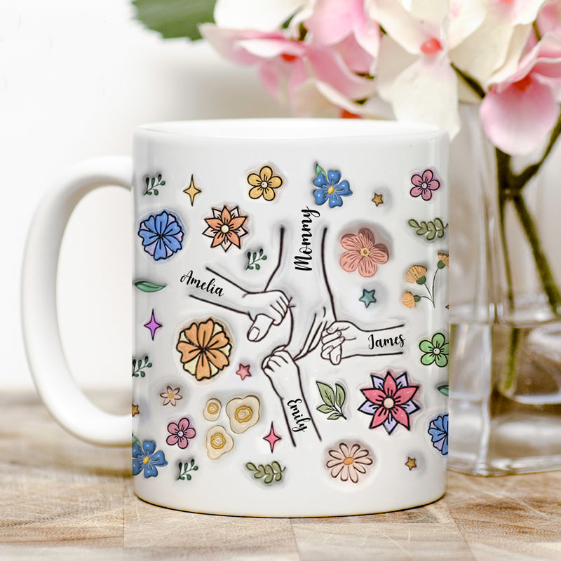 Personalized Mom And Kids Holding Hands Floral Ceramic Mug TL130424
