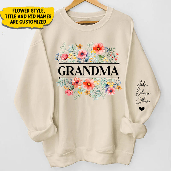 Personalized In Grandma's Garden Love Grows Like Flowers Custom Unisex Sweatshirt With Kids Name On Sleeves TL110424