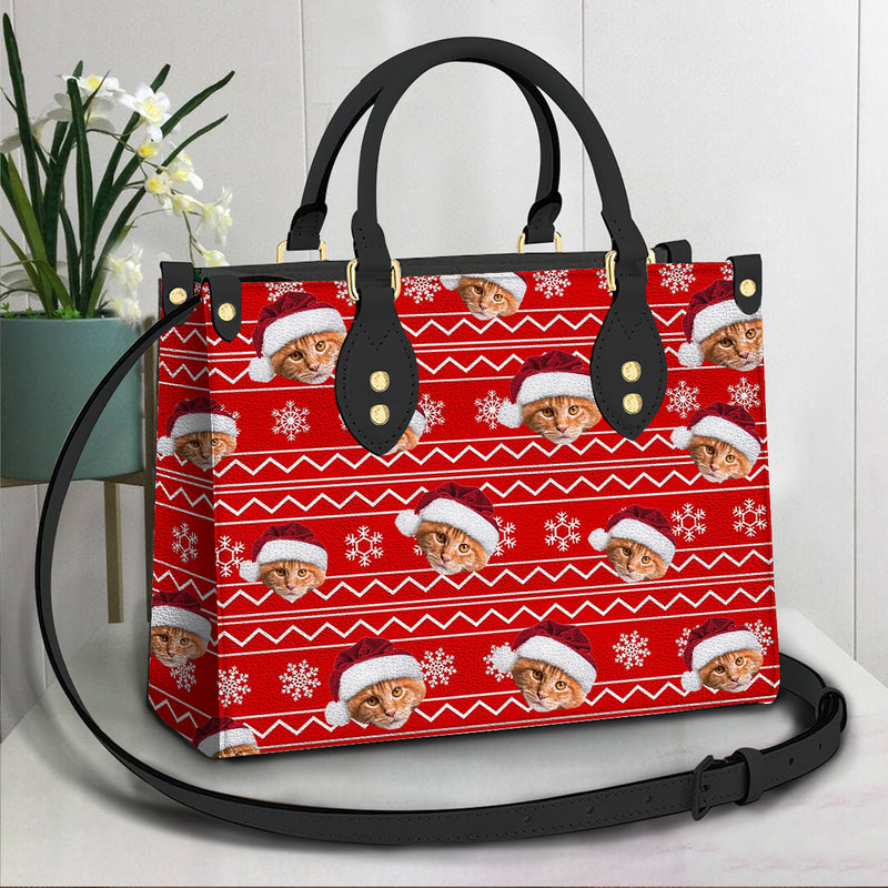 Personalized Custom Photo With Christmas Pattern Cat Leather Bag HM25092302