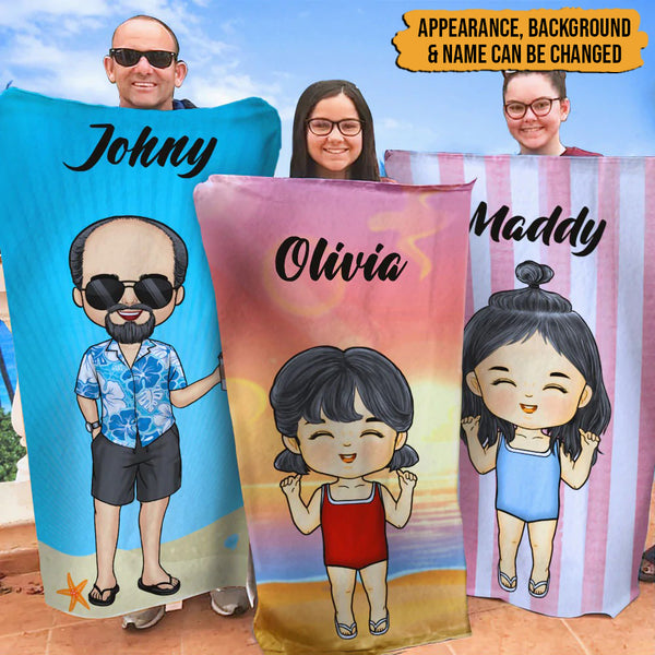 Personalized Family Chibi Summer Vacation Beach Towel HN181001BT