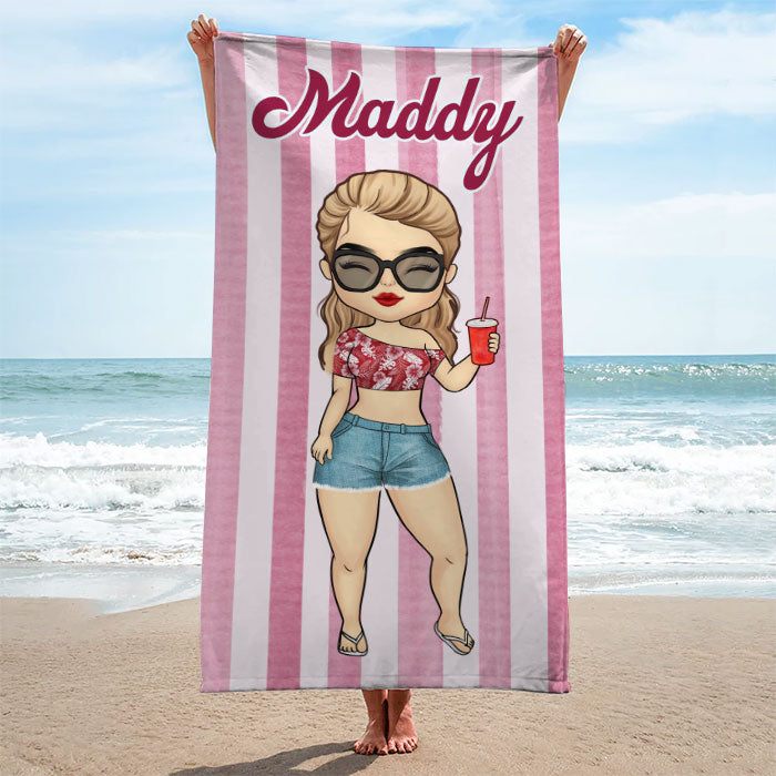 Personalized Stripe Pattern Chibi Summer Vacation Beach Towel  HM191001BT