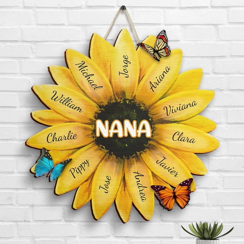 Personalized Nana, Grandma Family Sunflower Shaped Wood Sign HM22022301OW