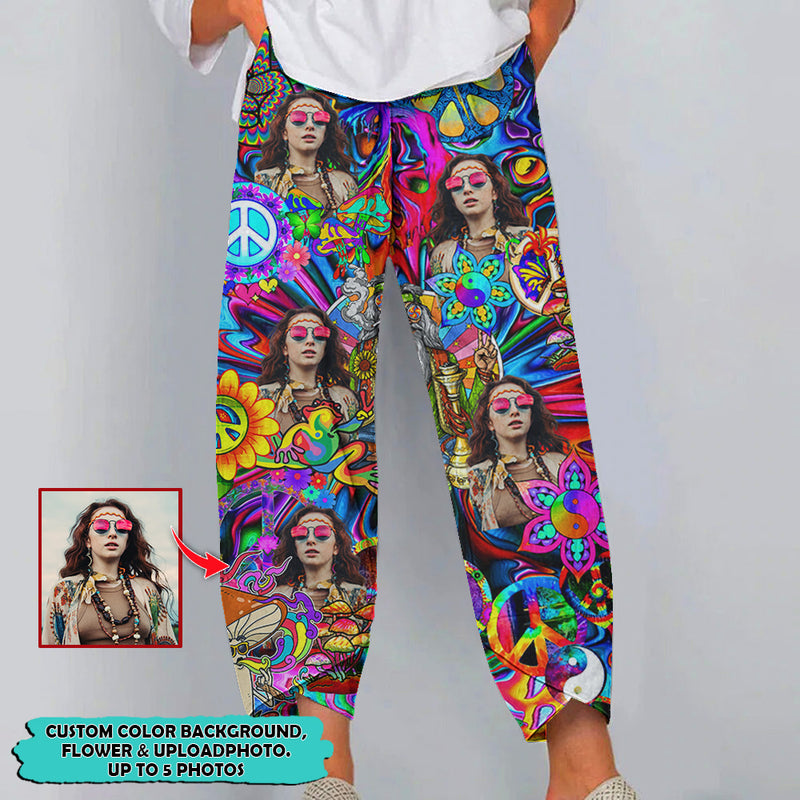 Upload Photo Hippie Hippie Peace Girl Casual Women Lounge Elastic Waist Pants TL030802Y
