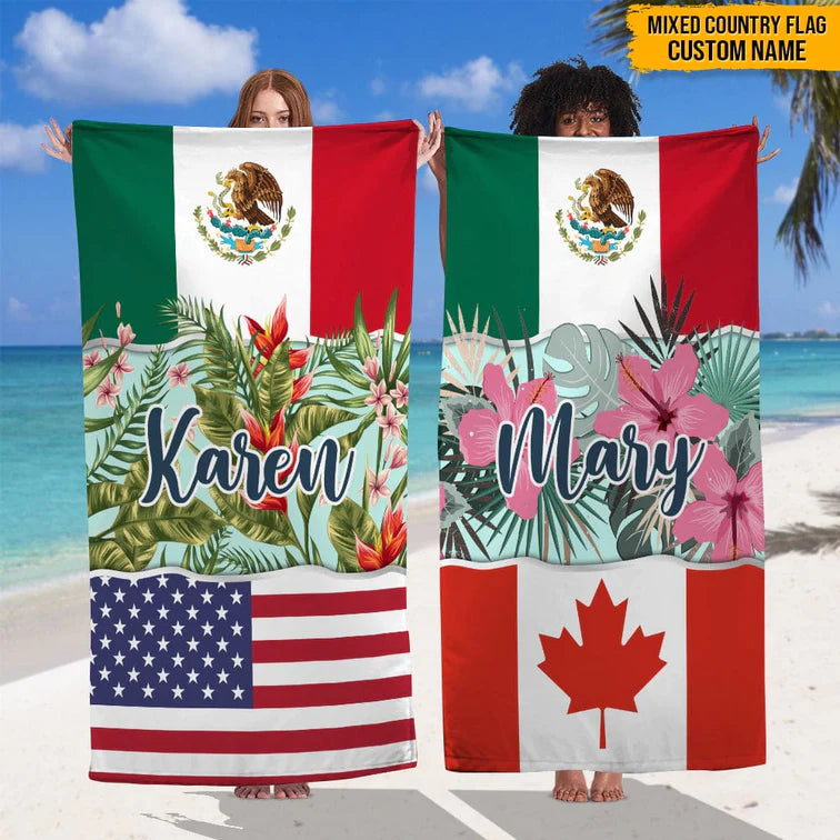 Personalized Country Flag With Flower Hawaiian Beach Towel TL111001BT