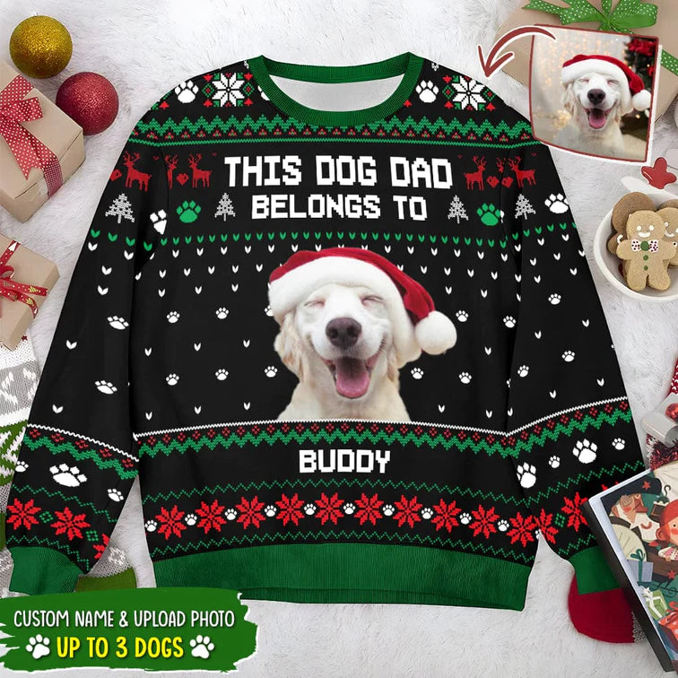 Personalized Custom Photo This Dog Dad Belongs To Dog AOP Christmas Sweatshirt TL290902SS