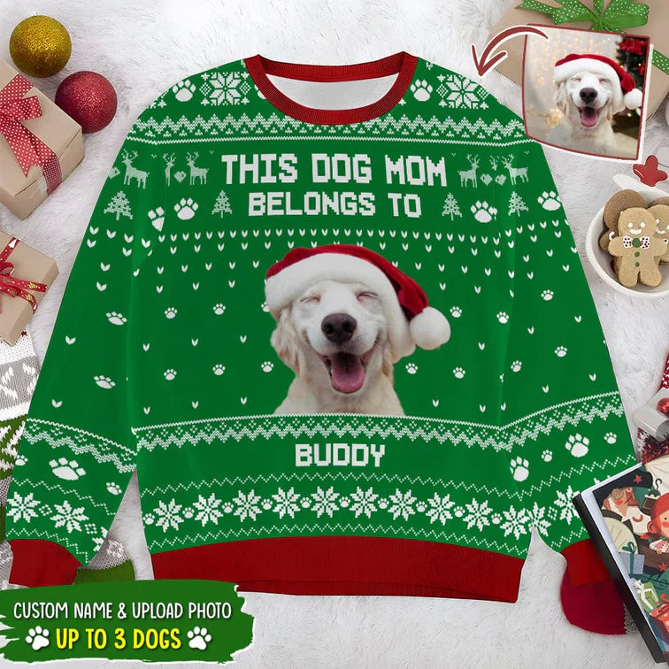 Personalized Custom Photo This Dog Dad Belongs To Dog AOP Christmas Sweatshirt TL290902SS